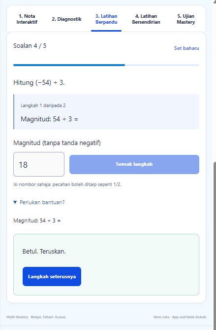 Paparan latihan bahagi integer dengan semakan langkah