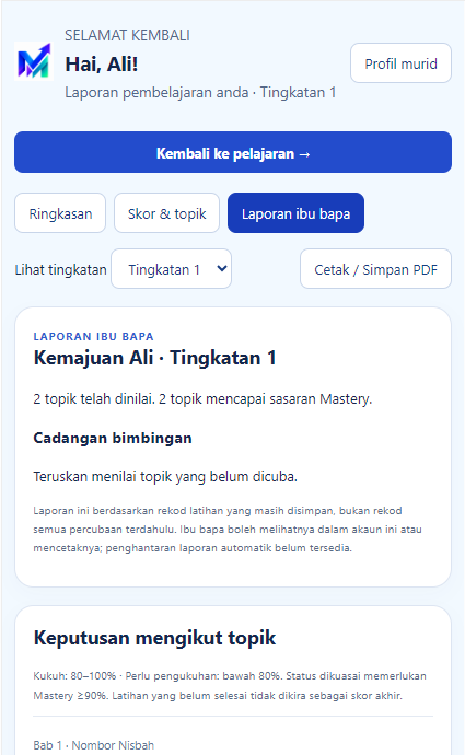 Laporan ibu bapa dalam Math Mastery