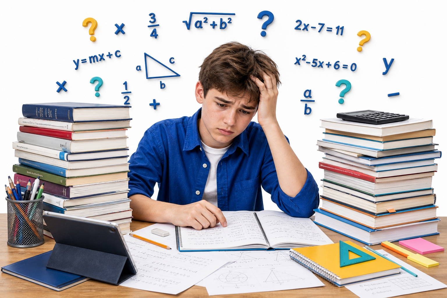Ilustrasi pelajar buntu menjawab Matematik, dikelilingi timbunan buku dan simbol Matematik